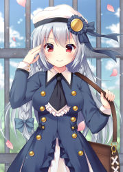 Rule 34 | 1girl, bag, beret, black neckwear, blue bow, blue dress, blue sky, blurry, blurry background, blush, bow, braid, breasts, closed mouth, cloud, collared dress, commentary request, day, depth of field, dress, frills, fujikura ryuune, hair bow, hand up, hat, holding strap, long hair, medium breasts, original, outdoors, petals, red eyes, silver hair, sky, smile, solo, upper body, very long hair, white hat