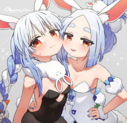 Rule 34 | 2girls, :3, animal ear fluff, animal ears, bare shoulders, black leotard, blue hair, blue nails, blush, braid, breasts, cheek-to-cheek, cleavage, closed mouth, commentary, dated, detached sleeves, don-chan (usada pekora), fingernails, grey legwear, hair bun, hand on own hip, heads together, highres, hololive, leotard, looking at viewer, mountain han, multicolored hair, multicolored nails, multiple girls, nail polish, navel, pantyhose, pekomama, pelt, playboy bunny, puffy detached sleeves, puffy short sleeves, puffy sleeves, rabbit ears, rabbit girl, red eyes, short sleeves, signature, single hair bun, small breasts, smile, sparkle, sweat, symbol-only commentary, topknot, twin braids, two-tone hair, usada pekora, usada pekora (1st costume), virtual youtuber, white hair