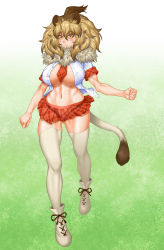 Rule 34 | 1girl, animal ears, arm at side, bare arms, beige legwear, between breasts, big hair, breast pocket, breasts, brown hair, buttons, clenched hands, closed mouth, crop top, cropped shirt, expressionless, full body, fur collar, gluteal fold, graphite (medium), hair between eyes, hand up, highres, kemono friends, large breasts, light brown hair, lion (kemono friends), lion ears, lion tail, looking at viewer, microskirt, midriff, multicolored hair, navel, necktie, necktie between breasts, no bra, open clothes, open shirt, plaid, plaid skirt, plaid sleeves, pocket, shirt, shoes, skirt, solo, stomach, tail, tetsu mukuro, thighhighs, thighs, toned, traditional media, two-tone hair, unbuttoned, undersized clothes, walking, white shirt, yellow eyes, zettai ryouiki