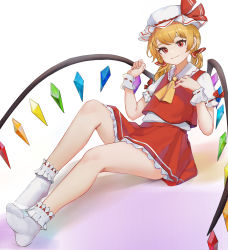 Rule 34 | 1girl, absurdres, agwing86, alternate hairstyle, blonde hair, bobby socks, dress, fangs, flandre scarlet, hat, highres, looking at viewer, low twintails, mob cap, no shoes, red eyes, red skirt, simple background, sitting, skirt, slit pupils, smile, socks, thighs, touhou, twintails, white background, white socks