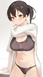 Rule 34 | 1girl, black hair, black panties, black sports bra, blush, breasts, brown eyes, cleavage, closed mouth, clothes lift, commentary request, highres, kaga (kancolle), kantai collection, large breasts, looking at viewer, midriff, navel, panties, sakieko, shirt, shirt lift, side ponytail, simple background, solo, sports bra, underwear, v-shaped eyebrows, white background, white shirt