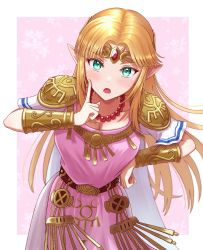 Rule 34 | 1girl, aqua eyes, armband, armor, bead necklace, beads, belt, blonde hair, blush, braid, breasts, cleavage, collarbone, crown braid, dress, elf, finger to cheek, floral print, gem, gold, gown, green eyes, hair intakes, hand on own chest, highres, jewelry, large breasts, leaning forward, long hair, looking at viewer, necklace, nintendo, open mouth, outside border, parted hair, pauldrons, pink background, pointy ears, princess zelda, shoulder armor, sidelocks, signature, solo, super smash bros., taro (peach taro51), the legend of zelda, the legend of zelda: a link between worlds, tiara, tsurime