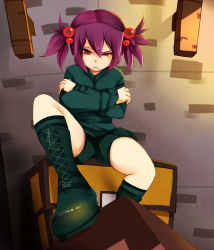 Rule 34 | 1boy, 1girl, absurdres, at2., boots, cave, cave spider, cross-laced footwear, crossed arms, green footwear, hair bobbles, hair ornament, highres, indoors, knee boots, lace-up boots, looking at another, minecraft, personification, purple hair, red eyes, short hair, short twintails, sitting, steve (minecraft), treasure chest, twintails