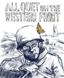Rule 34 | 1boy, all quiet on the western front, artist request, bug, butterfly, copyright name, hat, bug, male focus, military, monochrome, outdoors, soldier, solo, spot color, upper body, world war i