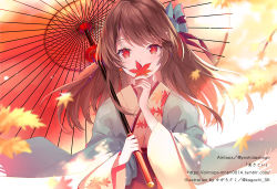 Rule 34 | 1girl, album cover, autumn leaves, blue bow, blurry, blurry foreground, bow, brown hair, commentary request, cover, depth of field, hair bow, hakama, hakama skirt, hand up, holding, holding leaf, holding umbrella, japanese clothes, kagachi saku, kimono, leaf, leaf print, long hair, long sleeves, looking at viewer, maple leaf, oil-paper umbrella, open clothes, original, print kimono, red eyes, red hakama, red umbrella, skirt, solo, umbrella, watermark, web address, white kimono, wide sleeves