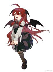 Rule 34 | 1girl, ahoge, bat wings, black footwear, black pantyhose, black skirt, black vest, black wings, book, breasts, chinese commentary, collared shirt, commentary request, full body, hair between eyes, head wings, highres, holding, holding book, koakuma, mary janes, medium breasts, necktie, pantyhose, phagic, red eyes, red hair, red necktie, shirt, shoes, simple background, skirt, solo, touhou, vest, weibo watermark, white background, white shirt, wings