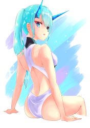 Rule 34 | 1girl, absurdres, aqua eyes, aqua hair, ass, back, bare arms, bare shoulders, breasts, competition swimsuit, cropped legs, eyepatch, from behind, highres, horns, ice horns, looking at viewer, looking back, medium breasts, nintendo, one-piece swimsuit, ponytail, poolside, risumi (taka-fallcherryblossom), shoulder blades, sitting, soaking feet, solo, swimsuit, theory (xenoblade), white background, white one-piece swimsuit, xenoblade chronicles (series), xenoblade chronicles 2