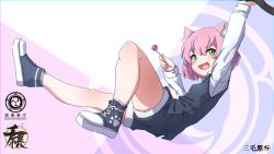 Rule 34 | 1girl, :d, animal ear fluff, animal ears, arm up, black footwear, black shorts, black vest, blush, candy, collared shirt, fang, food, full body, green eyes, hair between eyes, holding, holding candy, holding food, holding lollipop, kuro kosyou, lollipop, long sleeves, looking at viewer, open mouth, original, pink hair, shirt, shoes, short shorts, shorts, sleeves past wrists, smile, solo, vest, white shirt
