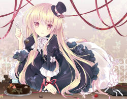 Rule 34 | 1girl, :d, bad id, bad pixiv id, blonde hair, cake, food, fork, hat, holding, lolita fashion, long hair, looking at viewer, open mouth, original, ribbon, smile, solo, suihi, very long hair, yellow eyes