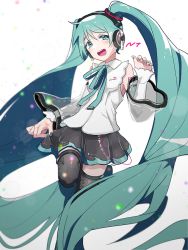 Rule 34 | 1girl, absurdly long hair, aqua eyes, aqua hair, aqua nails, aqua ribbon, bad id, bad pixiv id, bare shoulders, black skirt, black thighhighs, blouse, commentary, detached sleeves, feet out of frame, hair ornament, half-closed eyes, hand up, hatsune miku, hatsune miku (nt), headphones, leg up, long hair, machigami yoh, miniskirt, nail polish, neck ribbon, open mouth, piano print, piapro, pleated skirt, ribbon, see-through, see-through sleeves, shirt, shoulder tattoo, skirt, smile, solo, tattoo, thighhighs, twintails, very long hair, vocaloid, white background, white shirt, zettai ryouiki