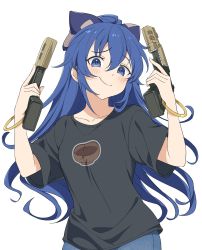 Rule 34 | 1girl, apex legends, black shirt, blue eyes, blue hair, blush, bow, bowl, breasts, closed mouth, commentary request, cowboy shot, dual wielding, gun, hair between eyes, hair bow, handgun, highres, holding, holding gun, holding weapon, long hair, masho makamaka, pistol, sa-3 mozambique, shirt, simple background, small breasts, smile, solo, t-shirt, touhou, weapon, white background, yorigami shion