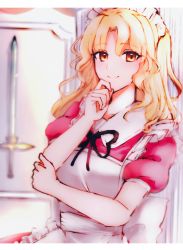 Rule 34 | 1girl, absurdres, blonde hair, blurry, blurry background, commission, gensou@kauchin, hand on own chin, highres, letterboxed, long hair, looking at viewer, maid headdress, orange eyes, pixiv commission, smile, solo, sword, touhou, touhou (pc-98), upper body, weapon, yumeko (touhou)