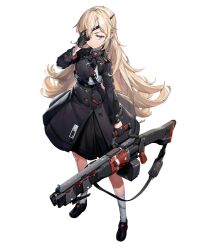 Rule 34 | 1girl, black dress, black footwear, black gloves, blonde hair, blue eyes, closed mouth, dress, eyepatch, full body, gloves, goddess of victory: nikke, guillotine (nikke), gun, highres, holding, holding gun, holding weapon, long hair, long sleeves, looking at viewer, official art, shoes, simple background, socks, solo, standing, urorong, very long hair, weapon, white background, white socks