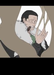 Rule 34 | 1boy, ascot, black hair, coat, crocodile (one piece), fur-trimmed coat, fur trim, hair slicked back, hand up, highres, letterboxed, male focus, one piece, sand, scar, scar on face, smoking, solo, ufkqz