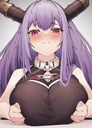 Rule 34 | 1girl, absurdres, arknights, black shirt, blush, breasts, closed mouth, grey background, highres, horns, large breasts, long hair, looking back, purple eyes, shirt, simple background, sky kirsche, solo, sweat, typhon (arknights), upper body
