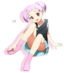 Rule 34 | 1girl, feet, hands on feet, looking at viewer, no shoes, open mouth, original, otoi rekomaru, pink hair, red eyes, short twintails, sitting, skirt, smile, socks, solo, twintails