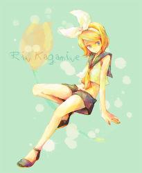 Rule 34 | 1girl, blonde hair, blue eyes, den, female focus, full body, hair ribbon, kagamine rin, midriff, ribbon, short hair, shorts, solo, vocaloid