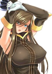 Rule 34 | 00s, 1girl, :o, armpits, bad id, bad twitter id, blue eyes, blush, breasts, brown hair, coat, collar, detached sleeves, covered erect nipples, gloves, hair over one eye, head tilt, holding, holding knife, holding weapon, knife, large breasts, long hair, open mouth, red background, sidelocks, simple background, sleeveless, solo, syunzou, tales of (series), tales of the abyss, tear grants, throwing knife, upper body, very long hair, weapon, white background, white gloves
