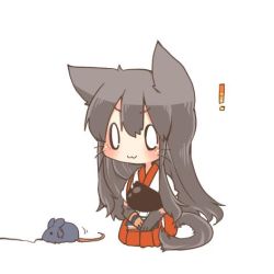 Rule 34 | !, 0 0, 10s, 1girl, akagi (kancolle), animal ears, blush, brown hair, cat ears, cat tail, chibi, kantai collection, long hair, lowres, mouse ears, rebecca (keinelove), simple background, sitting, smile, solo, string, tail, toy mouse, whiskers