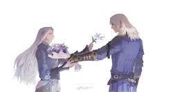 Rule 34 | 1boy, 1girl, belt, blue coat, blue eyes, bouquet, coat, commentary, cowboy shot, dated, elezen, elf, estinien varlineau, eye contact, final fantasy, final fantasy xiv, flower, from side, gauntlets, giving, highres, holding, holding bouquet, holding flower, lily (flower), long hair, long sleeves, looking at another, outstretched arm, pointy ears, poriaflgilake, sheath, sheathed, signature, silver hair, simple background, smile, standing, sword, weapon, white background, ysayle dangoulain