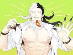 Rule 34 | 1boy, abs, ashiya douman (fate), asymmetrical hair, black hair, black skin, bracelet, chinese commentary, cliff (42961931), closed eyes, colored skin, commentary request, curly hair, earrings, eyeshadow, fangs, fate/grand order, fate (series), fingernails, green background, green eyeshadow, green lips, hair intakes, highres, jacket, jewelry, long hair, magatama, magatama earrings, makeup, male focus, multicolored hair, nail polish, nipples, official alternate costume, onmyouji, open clothes, open jacket, pectorals, red nails, sharp fingernails, simple background, smile, solo, split-color hair, sweat, toned, toned male, two-tone hair, upper body, very long fingernails, very long hair, white hair, white jacket