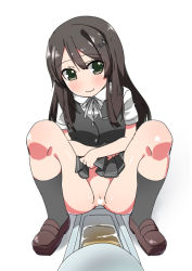 Rule 34 | 1girl, black hair, black skirt, black socks, black vest, blush, breasts, brown footwear, censored, female focus, full body, green eyes, grey neckwear, grey ribbon, hair ornament, hairpin, heart, heart censor, kantai collection, kneehighs, lifted by self, long hair, looking at viewer, minamimachi naname, no panties, oyashio (kancolle), pee, pleated skirt, pussy, ribbon, school uniform, shiny skin, shirt, shoes, short sleeves, simple background, skirt, small breasts, socks, solo, spread legs, squat toilet, squatting, toilet, vest, white background, white shirt
