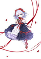Rule 34 | 1girl, alternate costume, bare shoulders, blue dress, blue eyes, blue hair, blush, bow, character request, closed mouth, commentary request, dress, flower, full body, hair bow, holding, holding flower, lolita fashion, looking at viewer, off-shoulder dress, off shoulder, pantyhose, petals, red bow, red flower, red footwear, red ribbon, red rose, ribbon, rose, shoes, short sleeves, simple background, smile, solo, tengxiang lingnai, warship girls r, white background, white pantyhose, wrist cuffs