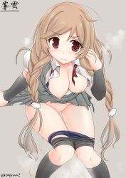 Rule 34 | 1girl, 3:, arm warmers, asaga aoi, bike shorts, bike shorts pull, black socks, blue panties, braid, breasts, breasts out, character name, closed mouth, collared shirt, grey skirt, kantai collection, knees together feet apart, legs together, light brown hair, long hair, looking at viewer, medium breasts, minegumo (kancolle), nipples, open clothes, open shirt, panties, panty pull, pee, peeing, pleated skirt, puffy short sleeves, puffy sleeves, red eyes, shirt, short sleeves, skirt, socks, solo, torn clothes, torn skirt, translation request, twin braids, twitter username, underwear, v-shaped eyebrows, white shirt