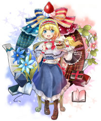 Rule 34 | 1girl, alice margatroid, apron, bad id, bad pixiv id, blonde hair, blue eyes, blush stickers, book, boots, bow, capelet, chair, cross-laced footwear, cup, cupcake, curtains, dress, flower, flower request, flying, food, fruit, gradient background, hair bow, hairband, ivy, lolita hairband, long hair, looking at viewer, maguroido, open book, open mouth, plate, ribbon, sash, saucer, shanghai doll, short hair, sitting, solo, star (symbol), strawberry, teacup, touhou, waist apron, wrist cuffs