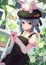 Rule 34 | 1girl, animal, animal on head, arm warmers, beret, black dress, black hat, blue hair, braid, cellphone, collared shirt, commentary request, dress, dutch angle, flower, hair ornament, hat, highres, holding, holding phone, indoors, long hair, looking at viewer, on head, original, parted lips, phone, plant, potted plant, rabbit, shirt, short sleeves, sign, smartphone, solo, tagame (tagamecat), white flower, white shirt, yellow eyes