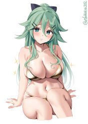 Rule 34 | 1girl, alternate costume, aqua eyes, aqua hair, bare shoulders, bikini, blue eyes, blush, breasts, collarbone, cropped legs, ebifurya, feet out of frame, gold bikini, green hair, hair between eyes, hair flaps, hair ornament, hair ribbon, hairclip, high ponytail, highres, kantai collection, large breasts, long hair, looking at viewer, navel, parted lips, ponytail, ribbon, simple background, solo, stomach, swimsuit, twitter username, white background, yamakaze (kancolle)
