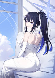 Rule 34 | 1girl, absurdres, ass, black hair, blue archive, blue hair, blue halo, breasts, choker, closed mouth, colored inner hair, dress, feet out of frame, halo, hellk111, highres, long hair, looking at viewer, medium breasts, multicolored hair, official alternate costume, ponytail, purple eyes, saori (blue archive), saori (dress) (blue archive), sitting, solo, strapless, strapless dress, white choker, white dress, window