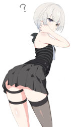 Rule 34 | 1girl, ?, ass, bare shoulders, belt, black belt, black shirt, breasts, brown eyes, ear piercing, from behind, grey skirt, grey thighhighs, heterochromia, kasukano uturo, leaning forward, looking at viewer, looking back, miniskirt, mochemochem, neo-porte, piercing, pleated skirt, purple eyes, shirt, short hair, simple background, single thighhigh, skindentation, skirt, small breasts, solo, striped, striped shirt, thigh strap, thighhighs, virtual youtuber, white background, white hair