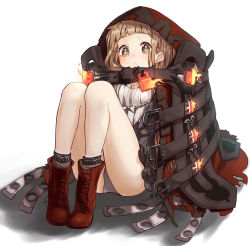 Rule 34 | 1girl, absurdres, bad id, bad pixiv id, belt, blush, brown eyes, brown hair, closed mouth, coat, full body, highres, hood, hood up, knees up, legs together, lock, open clothes, open coat, pigeon-toed, red riding hood (sinoalice), relila, sidelocks, simple background, sinoalice, sitting, solo, symbol-shaped pupils, tareme, thighs, white background