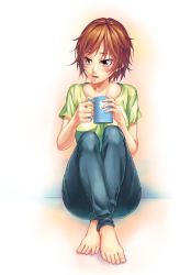Rule 34 | 1girl, :d, barefoot, blue pants, blush, breasts, brown eyes, brown hair, coffee cup, collarbone, cup, denim, disposable cup, feet, full body, green shirt, highres, holding, holding cup, jeans, knees up, crossed legs, looking to the side, mug, open mouth, original, pants, shigatsu itsuka, shirt, short hair, short sleeves, sitting, smile, solo, t-shirt, toenails, toes, tsurime