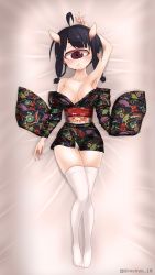 Rule 34 | 1girl, absurdres, ahoge, arm up, armpits, artist name, bare shoulders, black hair, blush, breasts, cyclops, floral print, from above, frown, full body, highres, japanese clothes, kimono, looking at viewer, lying, medium breasts, medium hair, meiryo18, on back, one-eyed, oni, original, pointy ears, solo, thick eyebrows, white legwear, wide sleeves, yukata