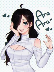 Rule 34 | 1girl, absurdres, ara ara, ayumi oneesan, black hair, breasts, cleavage, cleavage cutout, commentary, english commentary, green eyes, hair over one eye, hand on own face, highres, indie virtual youtuber, long hair, looking at viewer, medium breasts, meme attire, one eye covered, oniyome (artist), open-chest sweater, open mouth, ribbed sweater, smile, solo, sweater, turtleneck, turtleneck sweater, upper body, virtual youtuber
