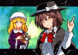 Rule 34 | 2girls, bad id, bad pixiv id, black capelet, black headwear, blonde hair, blush, book, bow, bowtie, brown hair, buttons, capelet, collared shirt, dress, dress shirt, fedora, green background, hat, hat ornament, holding, holding book, index finger raised, long sleeves, maribel hearn, mob cap, multiple girls, neck ribbon, one eye closed, open mouth, orange eyes, purple dress, purple eyes, qqqrinkappp, red ribbon, ribbon, shirt, sweatdrop, touhou, traditional media, usami renko, white headwear, white shirt, wide sleeves