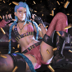 Rule 34 | 1girl, arcane: league of legends, arm tattoo, bare shoulders, blue hair, braid, breasts, bullet, bullet necklace, cloud tattoo, elbow gloves, fingerless gloves, gloves, jinx (league of legends), league of legends, long hair, looking at viewer, navel, open mouth, pink eyes, shell casing, shorts, sitting, small breasts, solo, tattoo, teemu taiga, thighhighs, twin braids