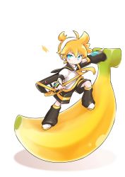 Rule 34 | 1boy, akino coto, arm warmers, banana, black collar, black shorts, black sleeves, blonde hair, blue eyes, carrying over shoulder, collar, commentary, food, fruit, headphones, instrument, kagamine len, keytar, leg warmers, male focus, mini person, miniboy, necktie, outstretched arm, sailor collar, school uniform, shirt, short ponytail, short sleeves, shorts, smile, solo, spiked hair, standing on object, symbol-only commentary, v-shaped eyebrows, vocaloid, white footwear, white shirt, yellow necktie