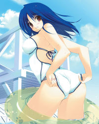 Rule 34 | 1girl, adjusting clothes, adjusting swimsuit, ass, back, backless outfit, blue hair, blush, breasts, brown eyes, casual one-piece swimsuit, cloud, covered erect nipples, day, iizuki tasuku, innertube, large breasts, looking back, one-piece swimsuit, paw print, sky, smile, solo, swim ring, swimsuit, trefoil, wet