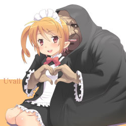 Rule 34 | 1boy, 1girl, black sclera, blonde hair, bow, character name, colored sclera, frills, heart, heart hands, hetero, hood, maid, meow (nekodenki), open mouth, orange hair, original, pointy ears, red eyes, side ponytail, smile