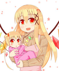 Rule 34 | 2girls, :d, aged down, aged up, alternate costume, alternate hairstyle, baby, baby carry, blonde hair, blush, carrying, casual, chiyono, flan-maman (goma), flandre scarlet, flower (symbol), gradient eyes, hair bobbles, hair ornament, highres, long hair, looking at viewer, mother and daughter, multicolored eyes, multiple girls, open mouth, short hair, simple background, smile, time paradox, touhou, white background, wings