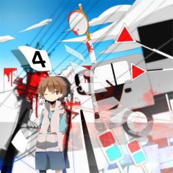 Rule 34 | 1boy, amamiya hibiya, averting eyes, bad id, bad pixiv id, blood, brown hair, day, kagerou days (vocaloid), kagerou project, male focus, meega, power lines, road sign, short hair, shorts, sign, sky, solo, vocaloid, wince