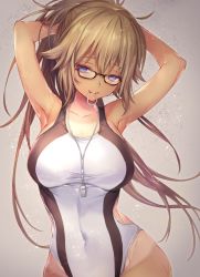 Rule 34 | 1girl, armpits, arms up, bad id, bad pixiv id, bare arms, bare shoulders, black-framed eyewear, breasts, brown hair, bunching hair, cleavage, collarbone, commentary request, competition swimsuit, covered navel, fate/grand order, fate (series), floating hair, glasses, grey background, hair between eyes, hair flaps, hair tie, hair tie in mouth, half-closed eyes, head tilt, highleg, highleg swimsuit, highres, jeanne d&#039;arc (fate), jeanne d&#039;arc (ruler) (fate), jeanne d&#039;arc (swimsuit archer) (fate), jeanne d&#039;arc (swimsuit archer) (second ascension) (fate), large breasts, long hair, looking at viewer, md5 mismatch, mouth hold, one-piece swimsuit, one-piece tan, ponytail, purple eyes, resolution mismatch, sidelocks, smile, solo, source smaller, swimsuit, tan, tanline, taut clothes, taut swimsuit, vivi (eve no hakoniwa), wet, whistle, whistle around neck, white one-piece swimsuit