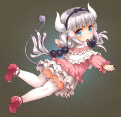 Rule 34 | 10s, 1girl, :o, beads, black bow, blunt bangs, blush, bow, capelet, dragon girl, dragon horns, dragon tail, dress, frilled dress, frills, full body, hair beads, hair bow, hair ornament, hairband, horns, kanna kamui, kobayashi-san chi no maidragon, long sleeves, looking at viewer, low twintails, open mouth, silver hair, solo, tail, thighhighs, twintails, zettai ryouiki