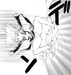 Rule 34 | 1girl, anger vein, angry, arms up, clenched hands, curly hair, debris, destruction, fighting stance, greyscale, highres, kaneru 2, long sleeves, monochrome, motion lines, navel, one-punch man, outstretched arms, panties, short hair, side slit, solo, squatting, tatsumaki, underwear