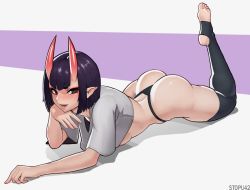 Rule 34 | 1girl, alternate costume, artist name, ass, bad id, bad pixiv id, black panties, black thighhighs, blush, bob cut, breasts, cropped shirt, eyeliner, fang, fate/grand order, fate (series), full body, head rest, highres, horns, leg up, looking at viewer, lying, makeup, on stomach, oni, open mouth, panties, pointy ears, purple background, purple eyes, purple hair, shadow, shirt, short eyebrows, short hair, shuten douji (fate), simple background, skin-covered horns, small breasts, smile, solo, stopu, thighhighs, thighs, thong, toeless legwear, two-tone background, underboob, underwear, white background, white shirt