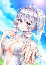 Rule 34 | 1girl, absurdres, alternate costume, azur lane, bad id, bad pixiv id, blue eyes, blue sky, blush, breasts, bridal gauntlets, bridal veil, cleavage, commentary, crying, crying with eyes open, day, dress, english commentary, gui ss, hair ornament, hand up, happy tears, highres, illustrious (azur lane), jewelry, large breasts, long hair, looking at viewer, low twintails, mole, mole under eye, outdoors, ring, sky, smile, solo, sparkle, tears, twintails, veil, wedding dress, wedding ring, white dress, white hair