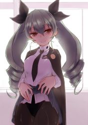 Rule 34 | 10s, 1girl, akitsuchi shien, anchovy (girls und panzer), anzio school uniform, backlighting, bad id, bad twitter id, belt, black belt, black cape, black necktie, black pantyhose, black ribbon, black skirt, blush, breath, cape, closed mouth, clothes lift, commentary request, cowboy shot, dress shirt, drill hair, emblem, girls und panzer, green hair, hair ribbon, highres, lifted by self, long hair, long sleeves, looking at viewer, miniskirt, necktie, pantyhose, pantyhose over swimsuit, pleated skirt, red eyes, ribbon, school uniform, shirt, skirt, skirt lift, smile, solo, standing, sweat, swimsuit, swimsuit under clothes, twin drills, twintails, white shirt, window